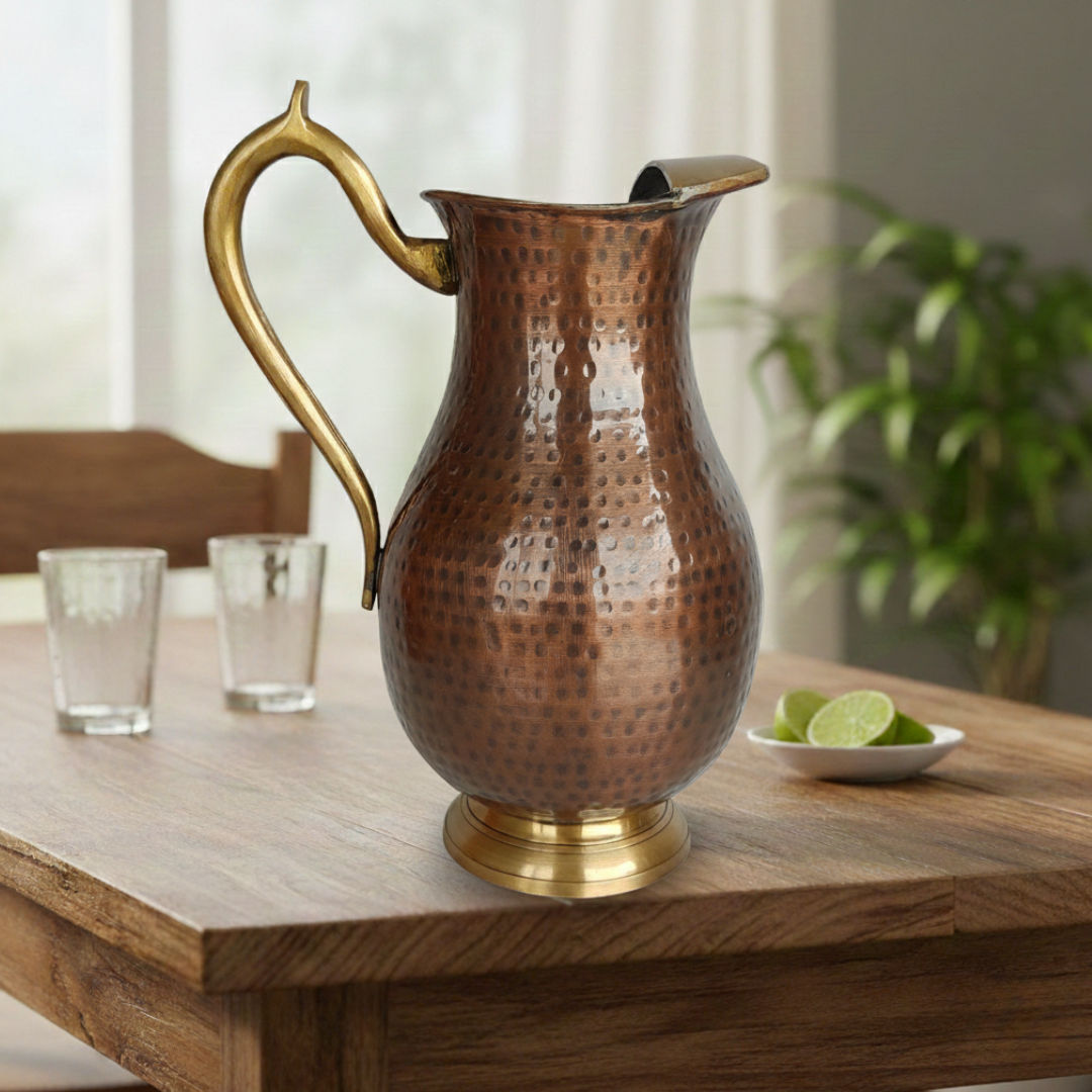 Pure copper tin hammered mughlai style jug dark hammered, 1750 ML